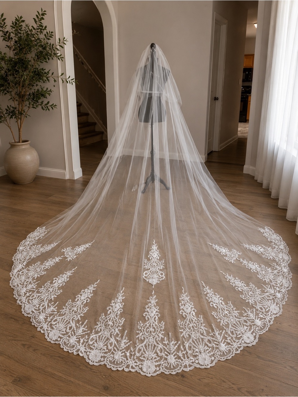 Cathedral-Length Wedding Veil with Lace Appliqué